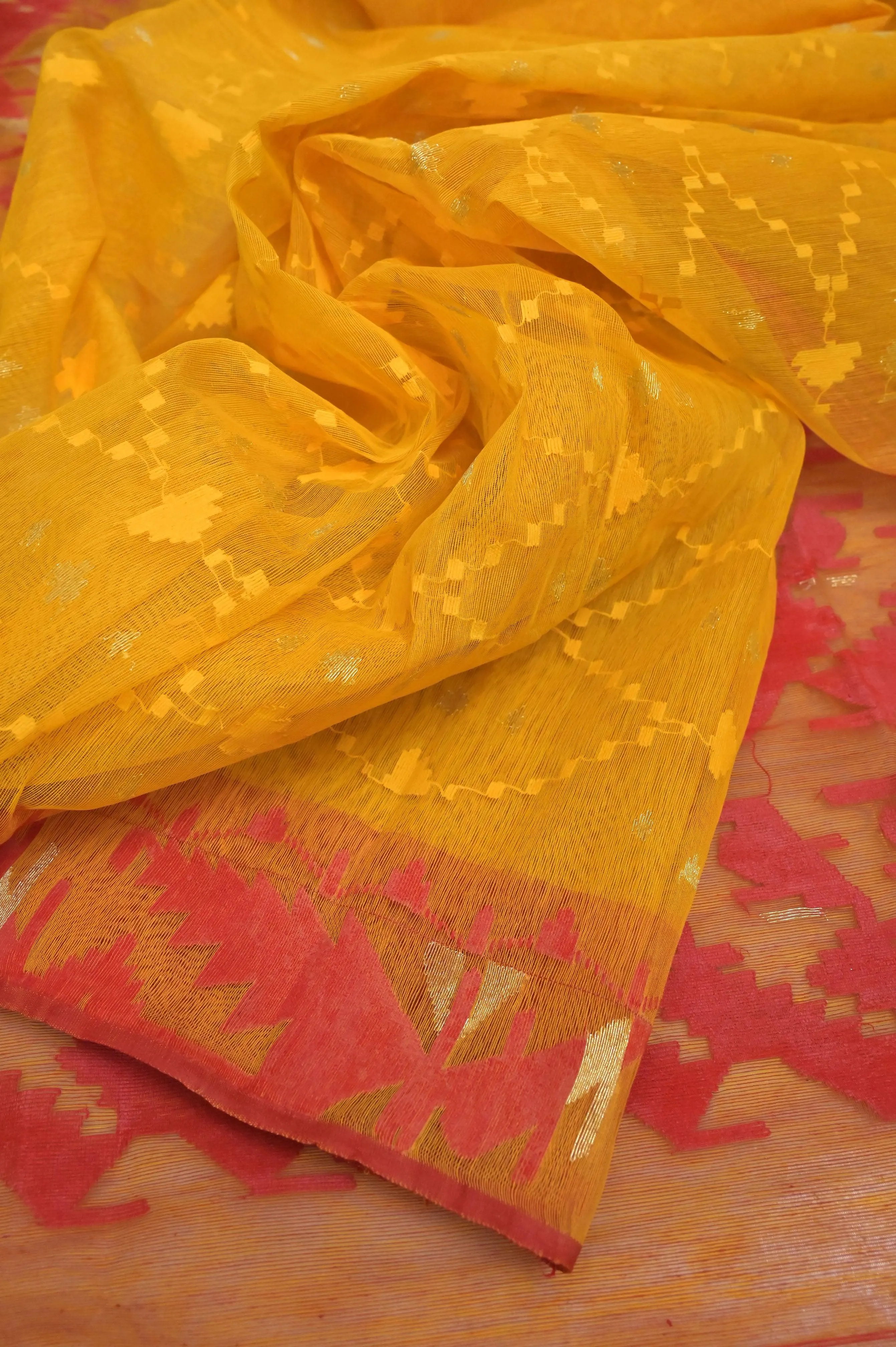 Yellow and Red Color Bangladeshi Jamdani Saree