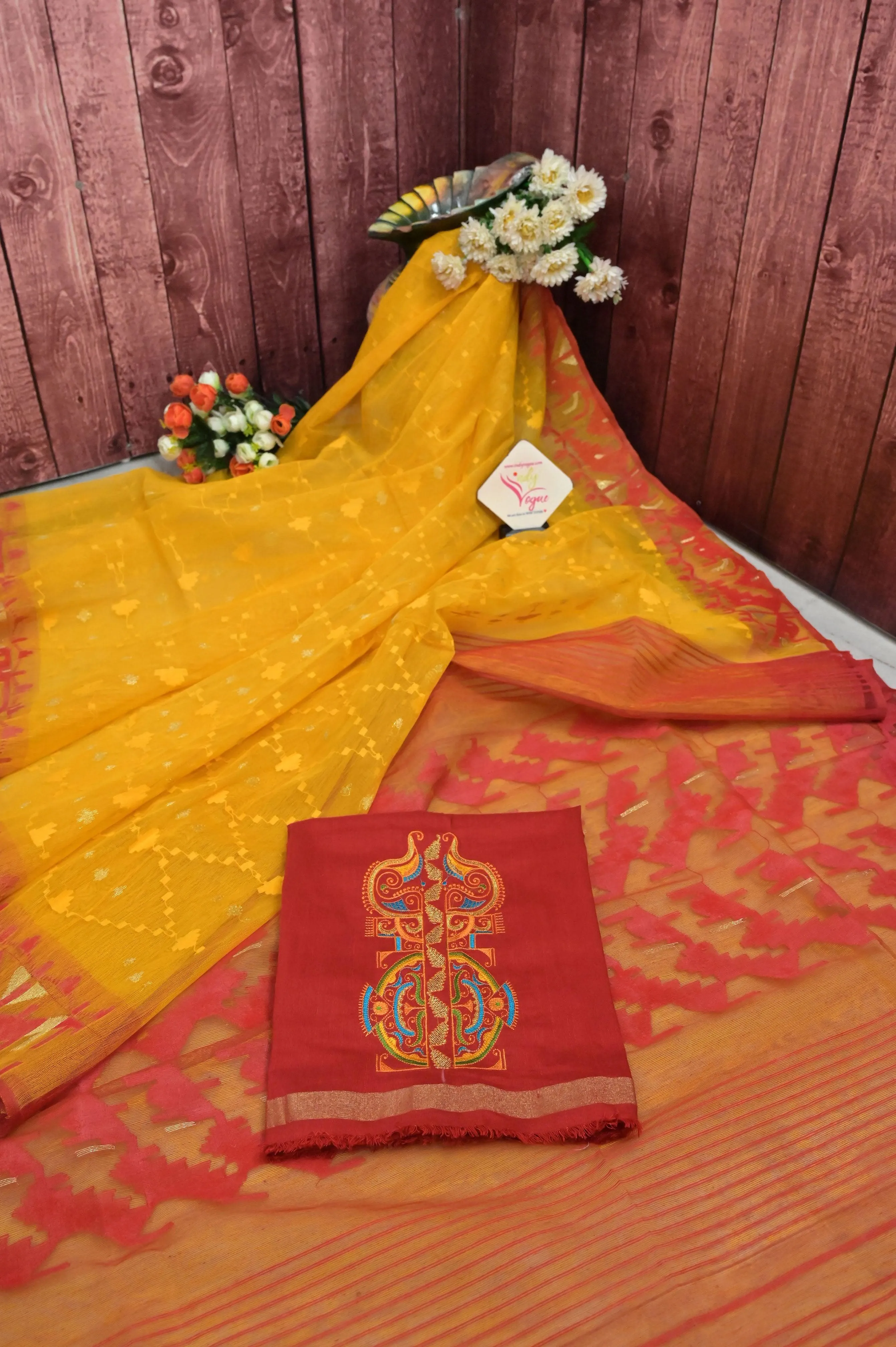 Yellow and Red Color Bangladeshi Jamdani Saree