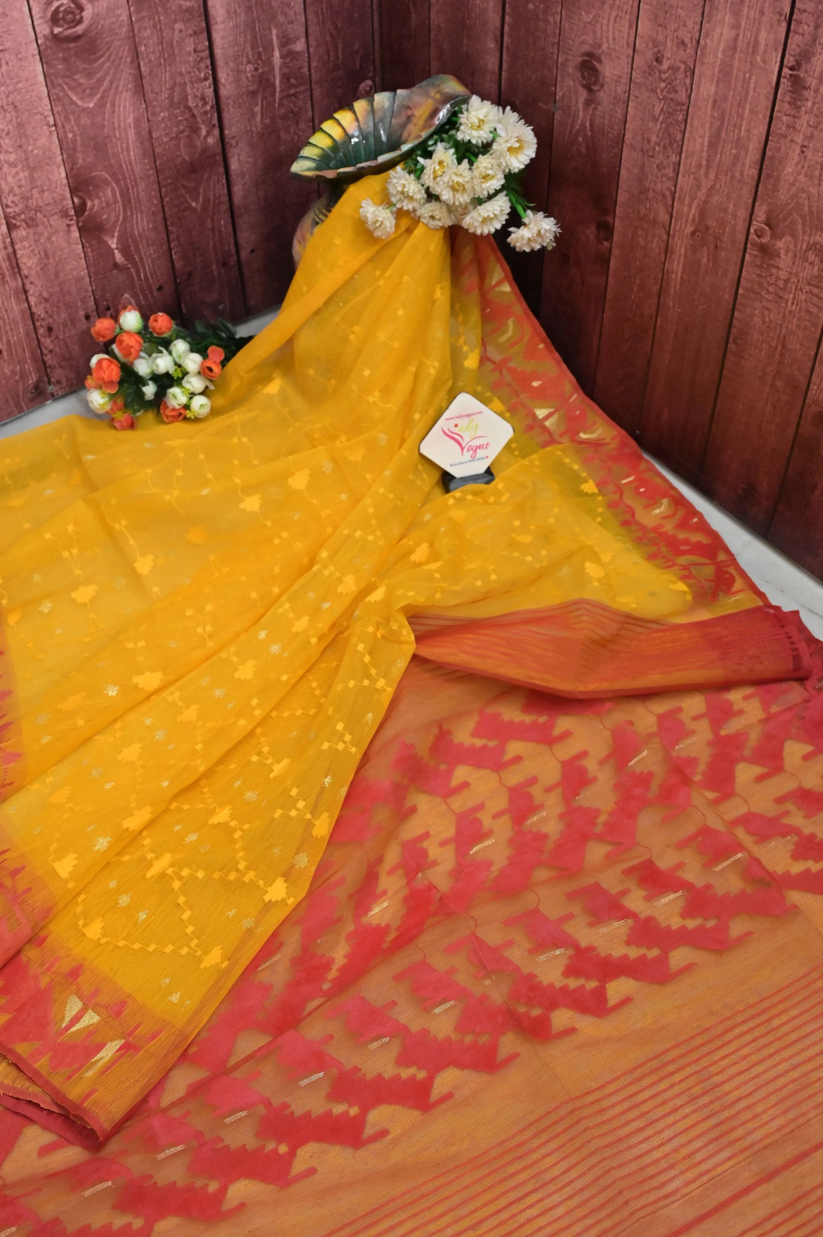 Yellow and Red Color Bangladeshi Jamdani Saree