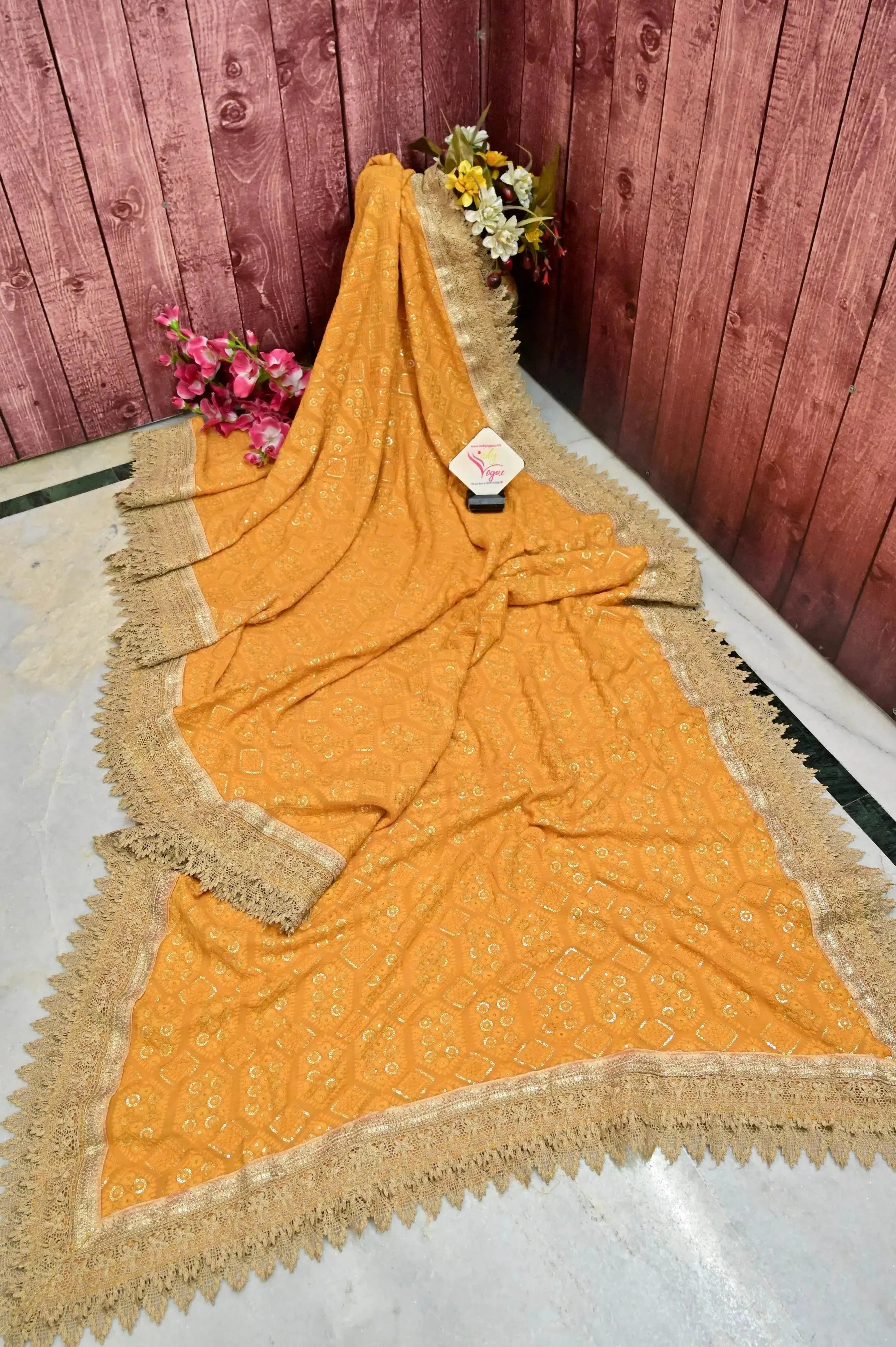 Yellow Color Designer Georgette with Embroidery and Sequin Work and Designer Border